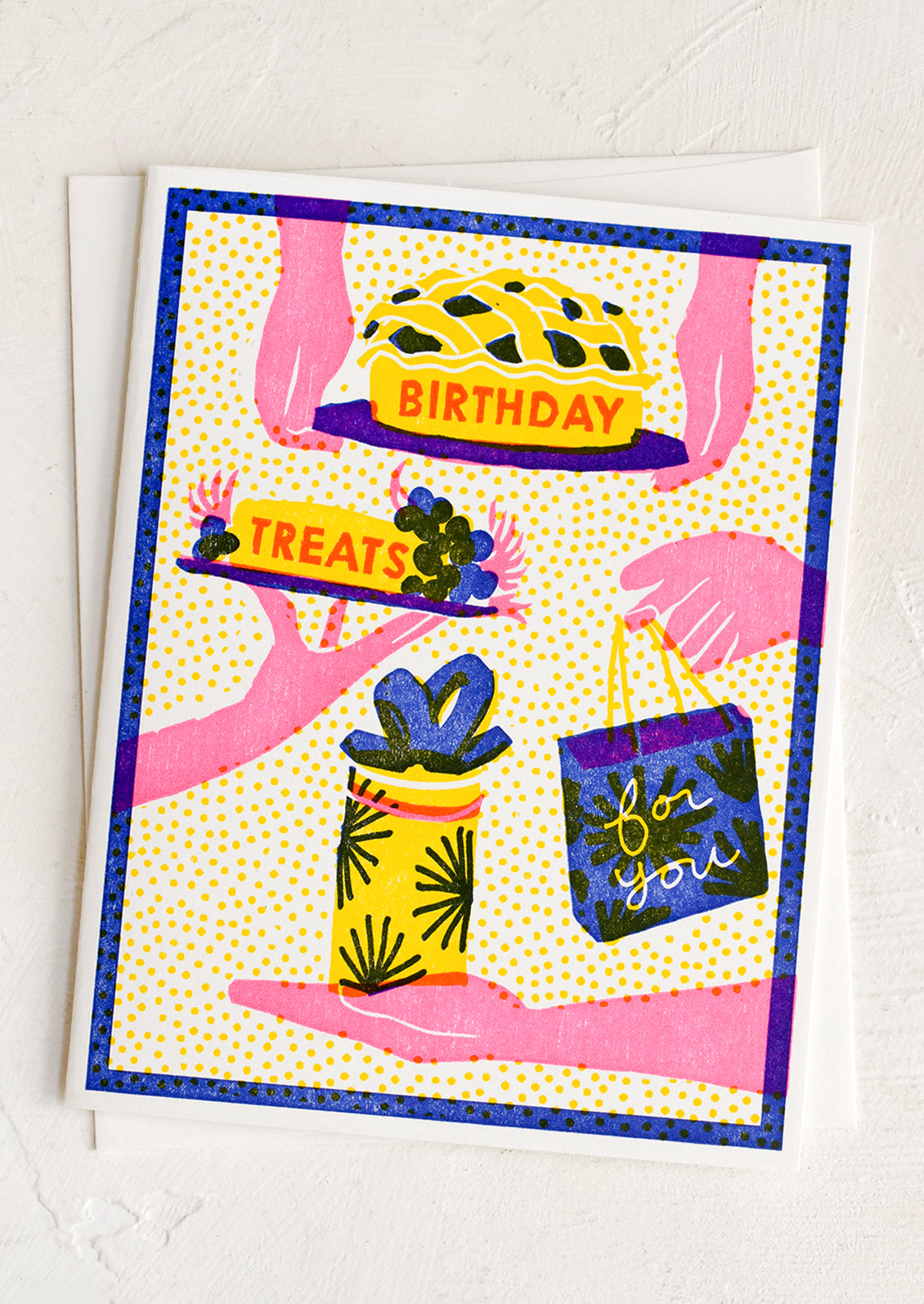 Colorful birthday card with cake, gift bags, and text on a white background