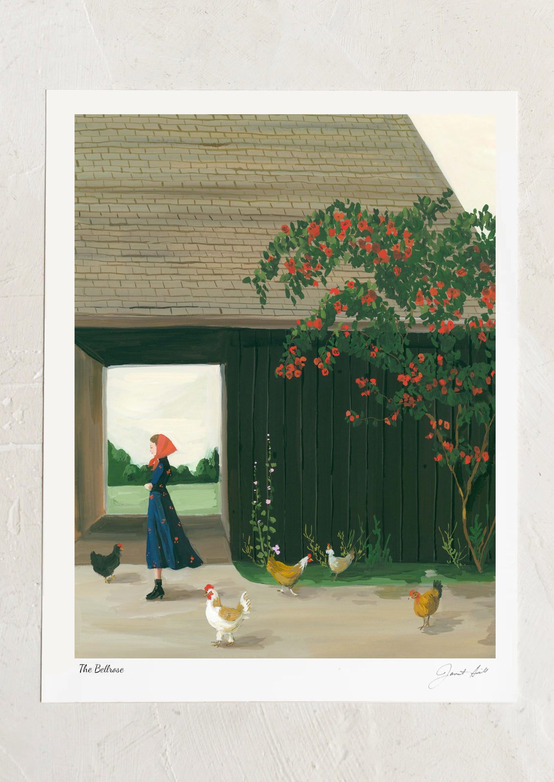 Art print of a woman with chickens in a garden setting