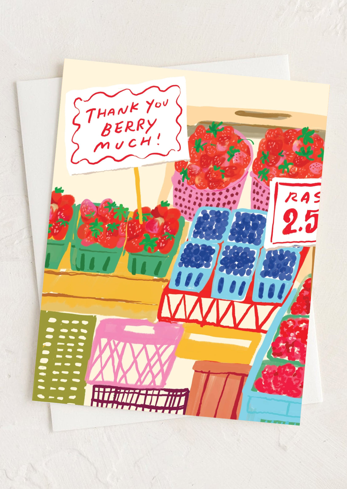 A thank you card with illustration of berries for sale in a store.