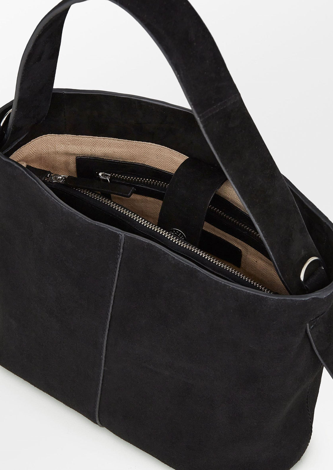 A suede handbag in black.