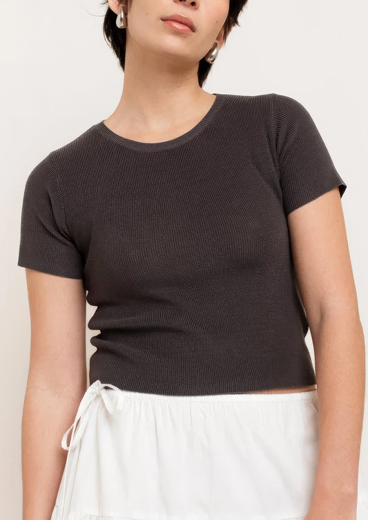 A person wearing a knit cropped t-shirt in grey.