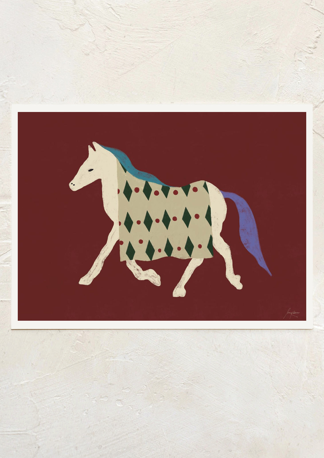 Framed artwork of a stylized horse with a patterned body on a red background