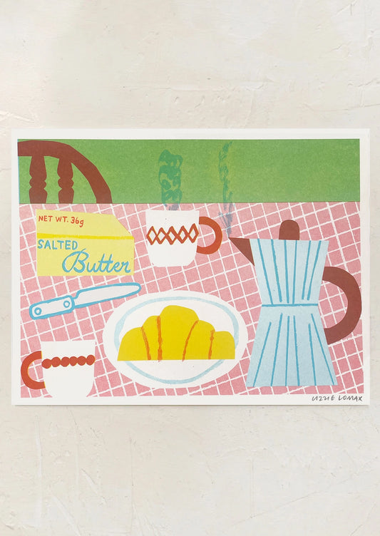 An art print with playful illustration of a breakfast scene.