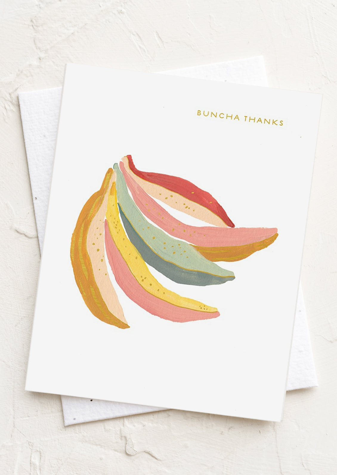 A card with image of bananas, text reads "Buncha thanks".