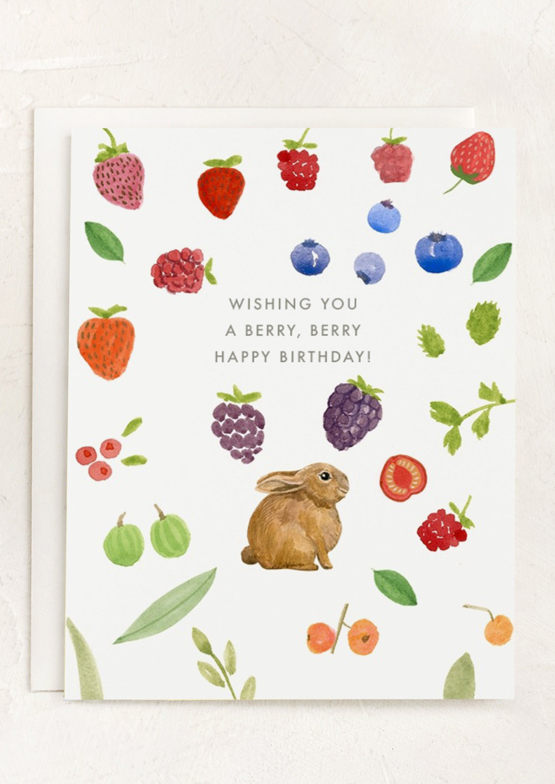 A produce and bunny print card reading "Wishing you a berry berry happy birthday!".