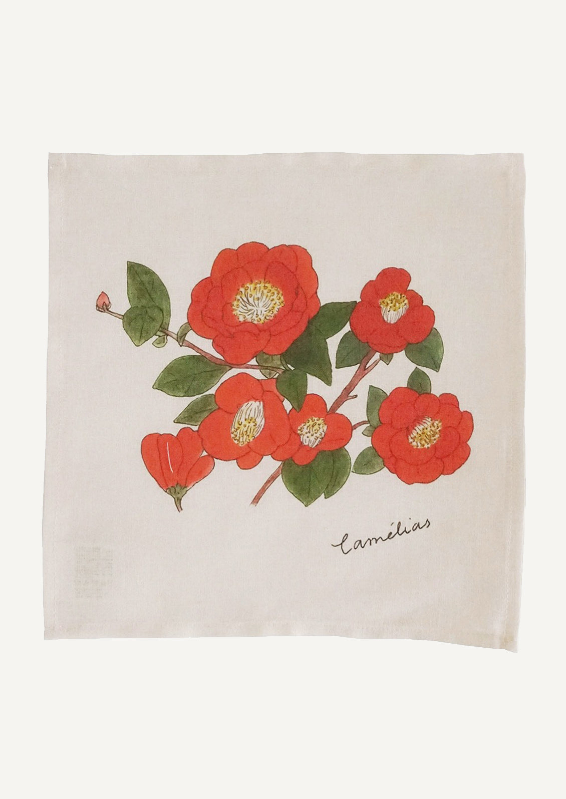 A linen handkerchief with screen printed red camellia illustration.