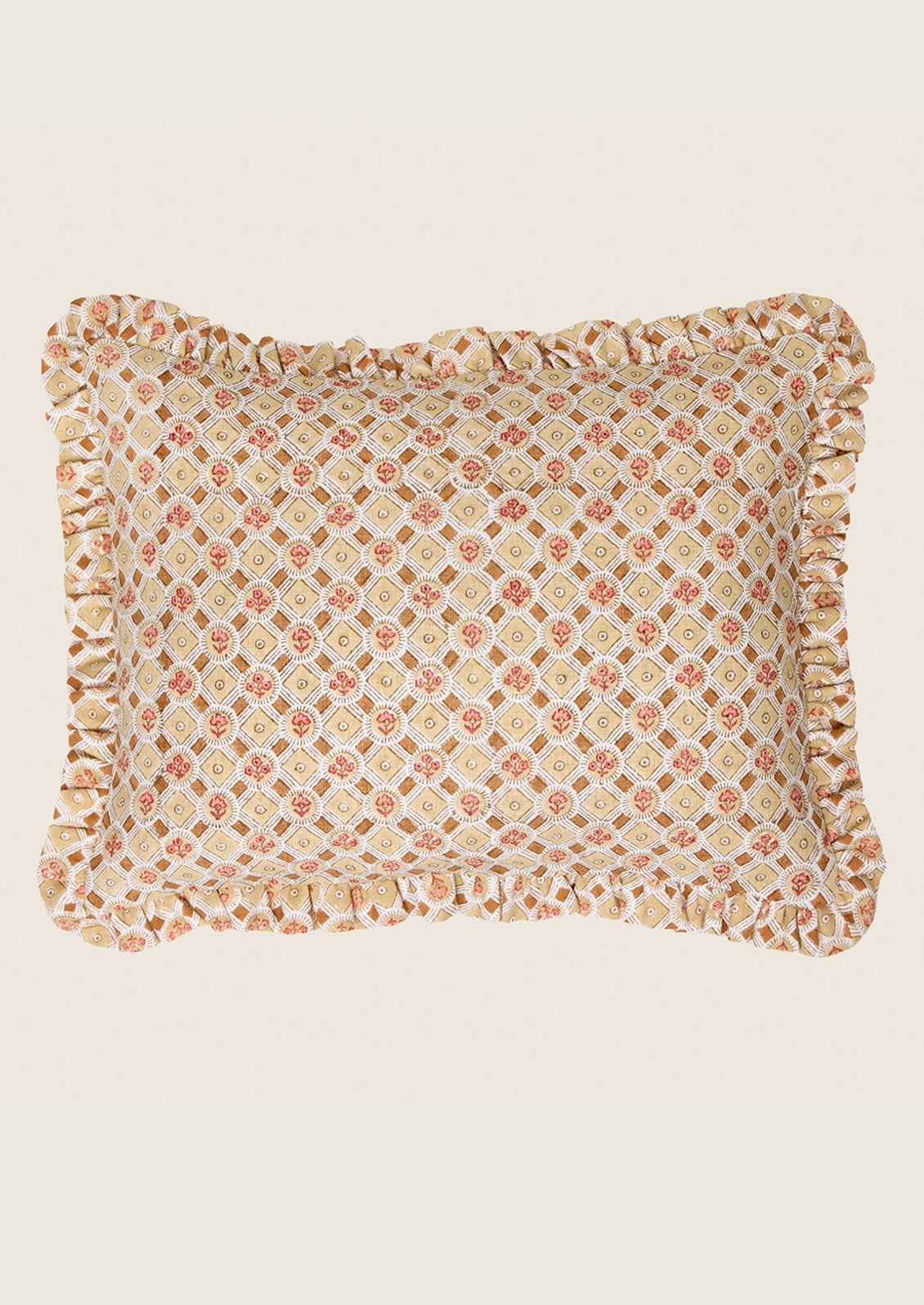 Decorative pillow with floral pattern and ruffled edges on a beige background