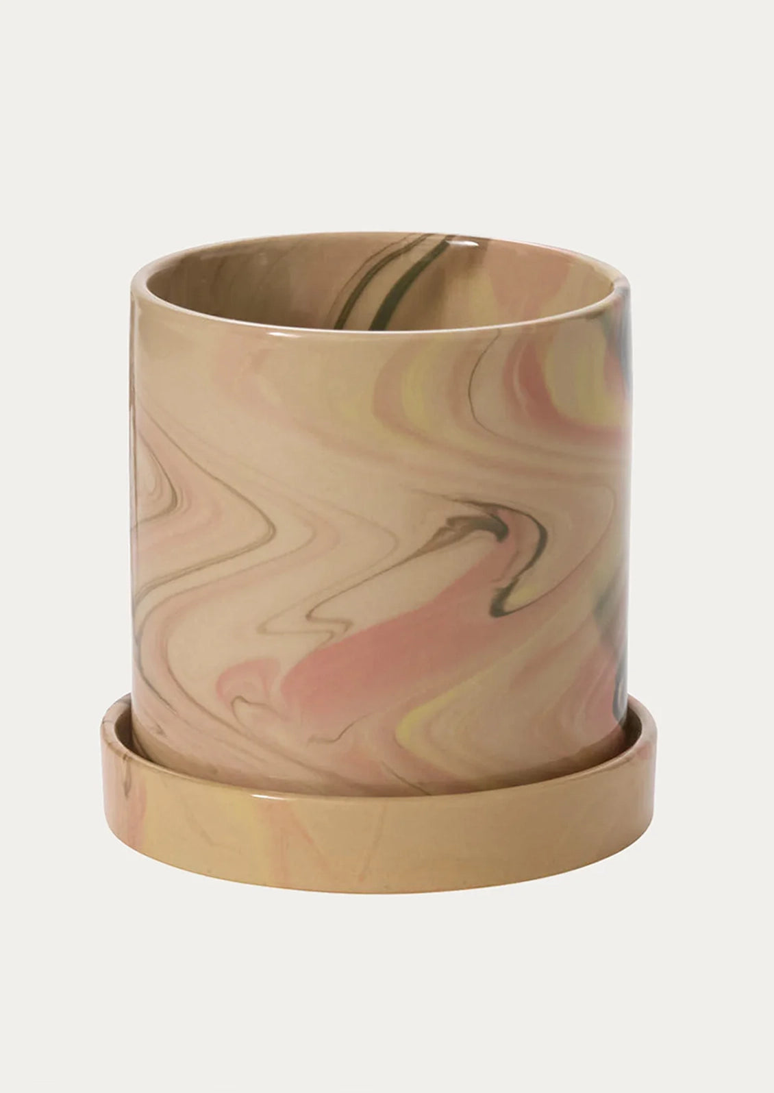 A ceramic planter in tan with pastel marbleized pattern.