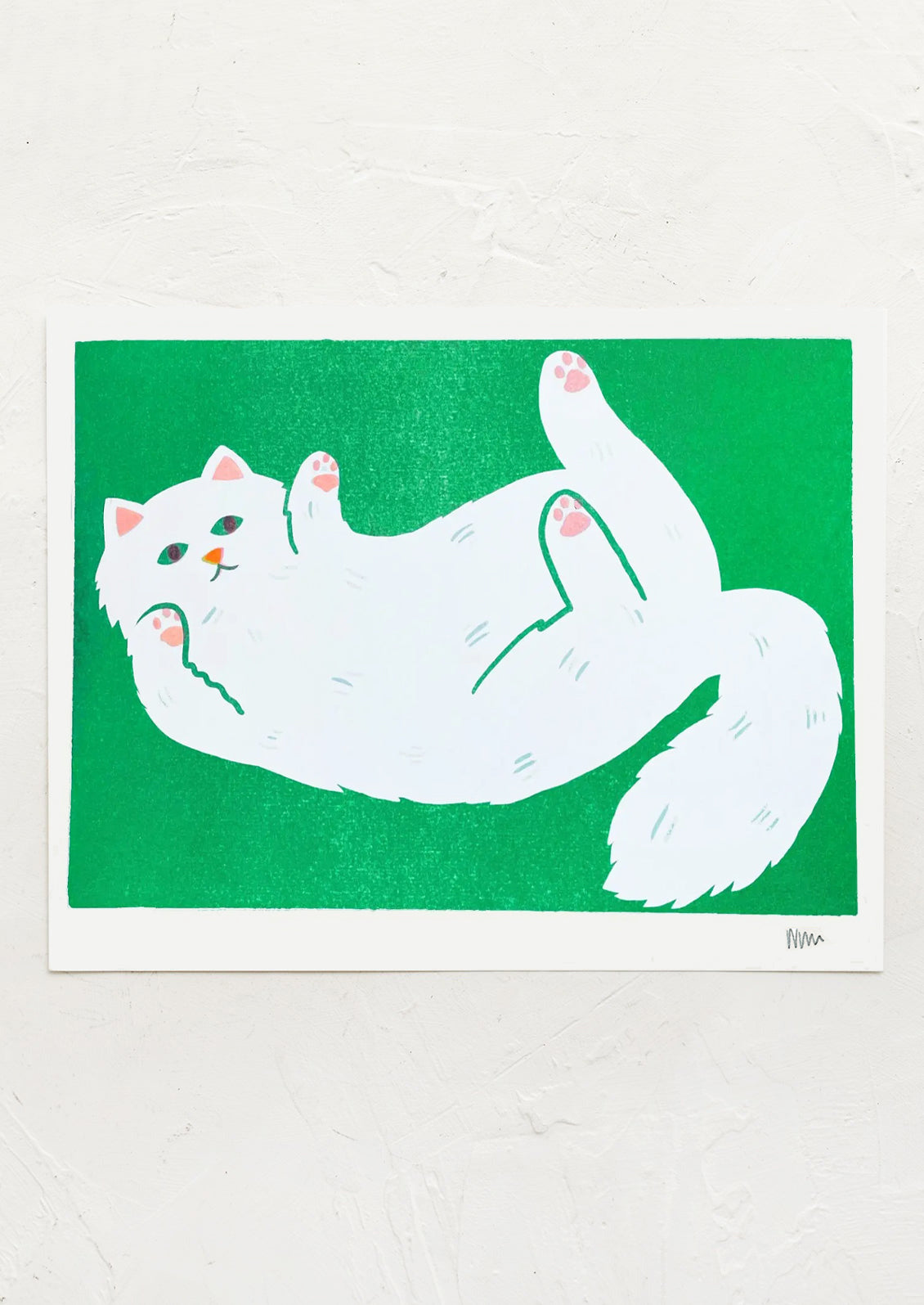 Illustration of a white cat on a green background