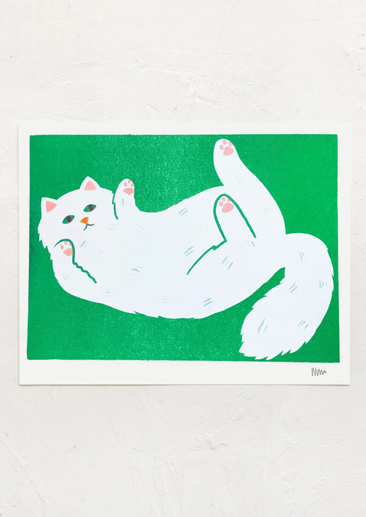 Illustration of a white cat on a green background