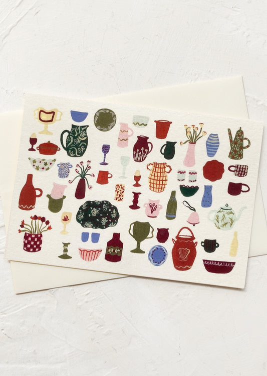 An all purpose greeting card with illustration of a bunch of different ceramic vessels.