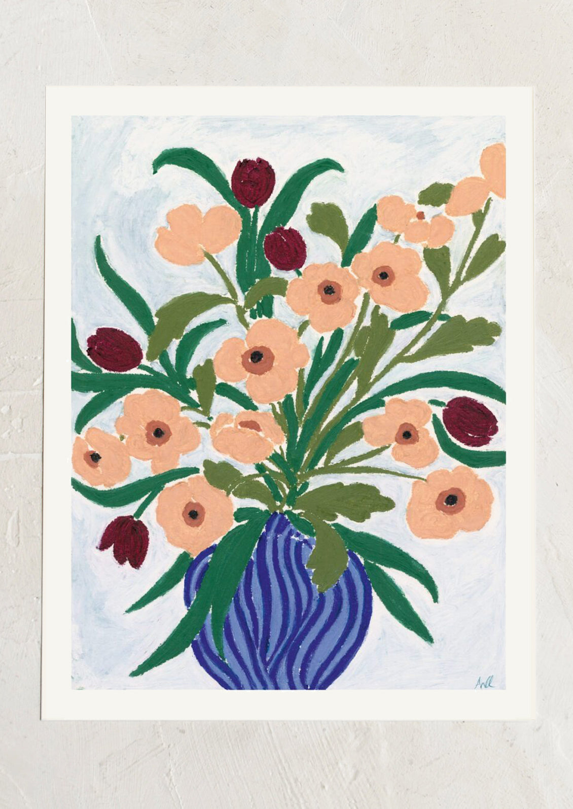 Floral painting with peach flowers and green leaves in a blue vase on a light blue background.