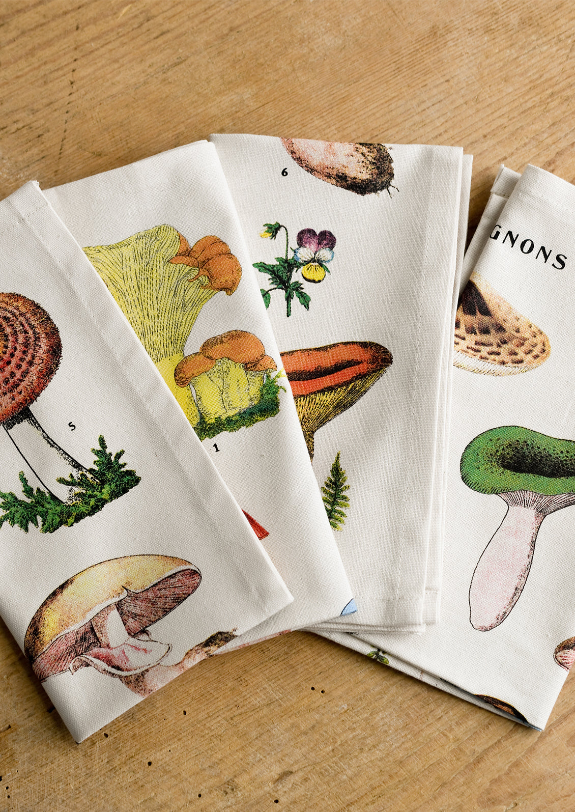 A set of four cotton dinner napkins with colorful mushroom species botanical print.