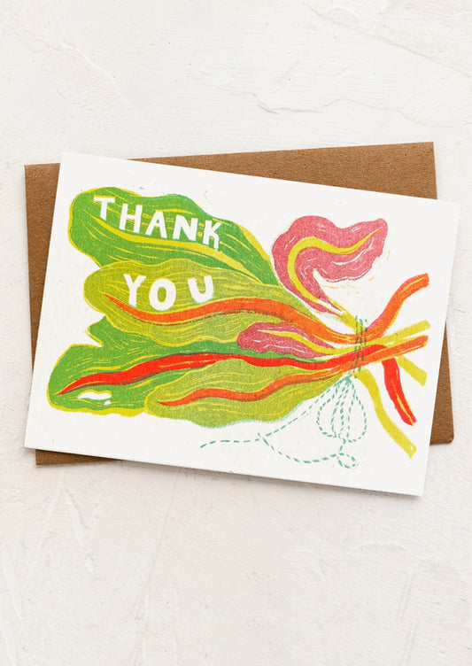 A greeting card with illustration of chard leaves, text reads "Thank you".