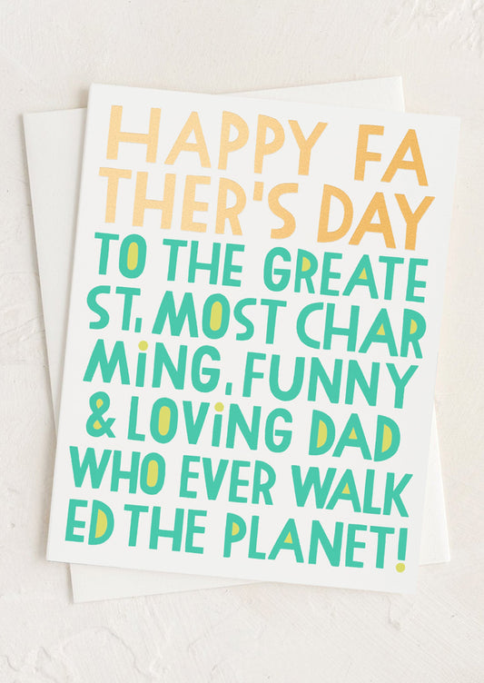 Father's Day card with colorful text on a white background