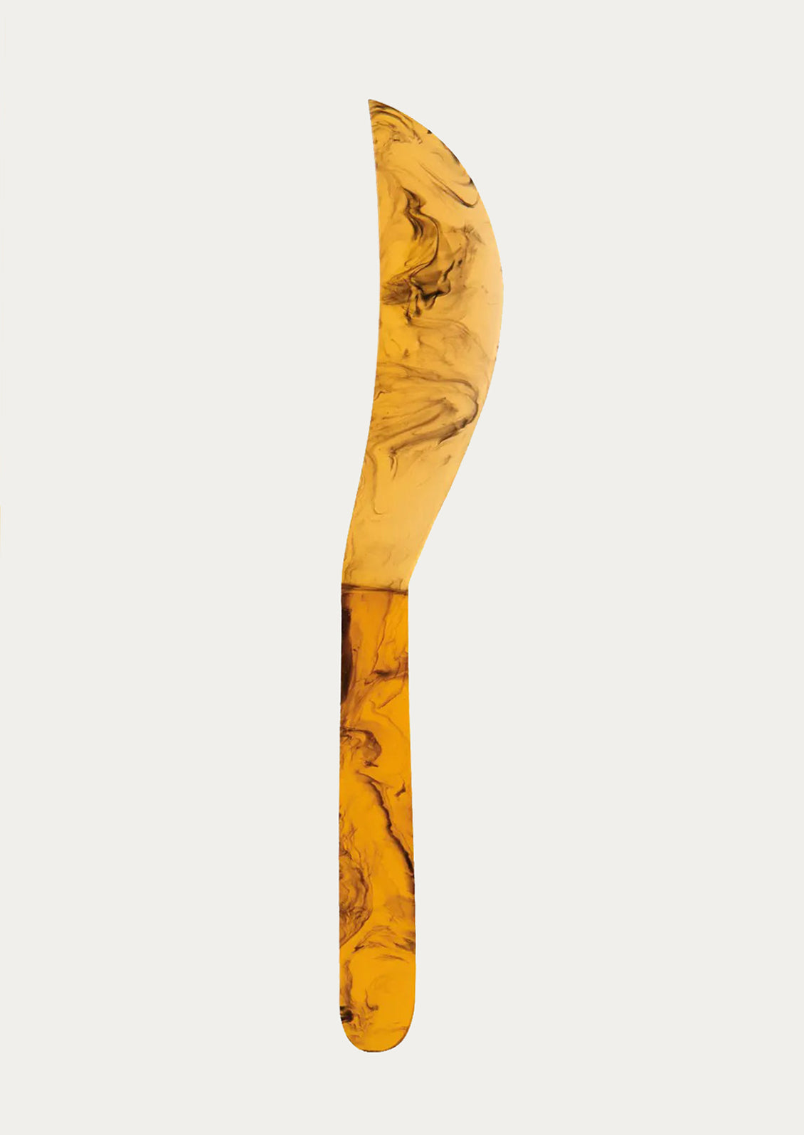 Butter knife with a marbled yellow handle on a white background