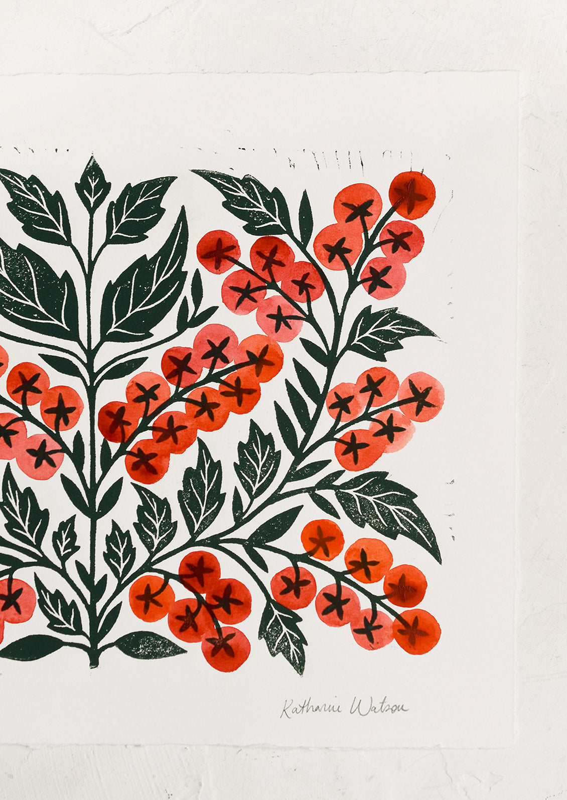 A woodcut art print of cherry tomatoes.