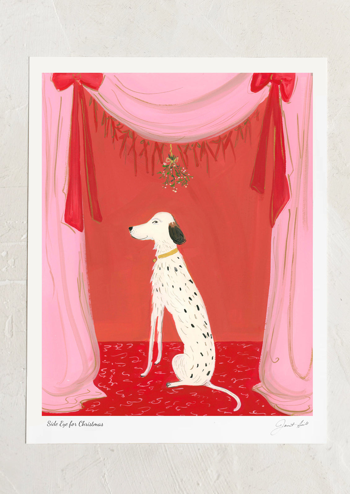 Illustration of a Dalmatian dog in a festive setting with red curtains and a chandelier.