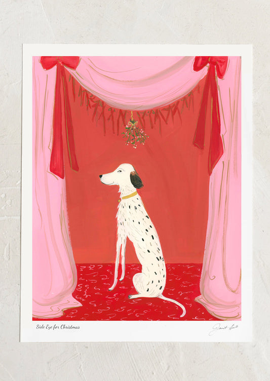 Illustration of a Dalmatian dog in a festive setting with red curtains and a chandelier.