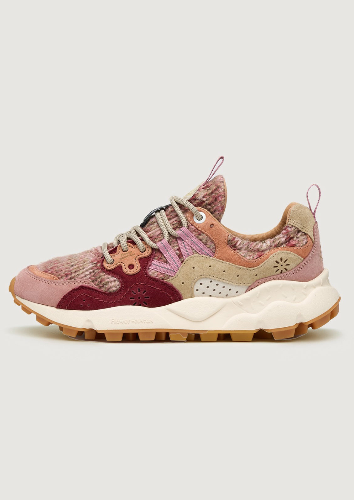 A pair of sporty chunky sneakers in pink wool knit multi.
