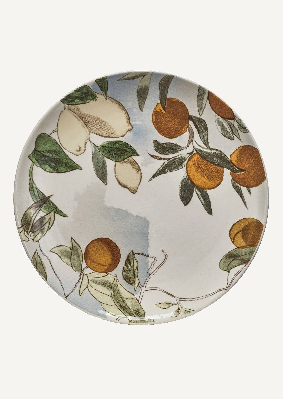 A round platter with orchard citrus print.