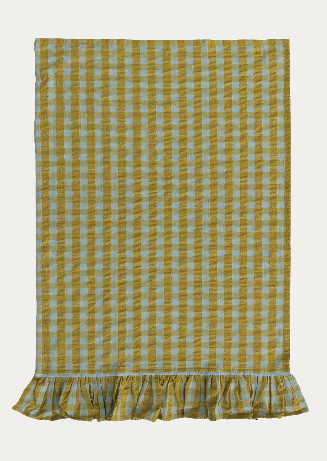 A two-tone gingham tea towel in lime and turquoise with ruffle trim on bottom.
