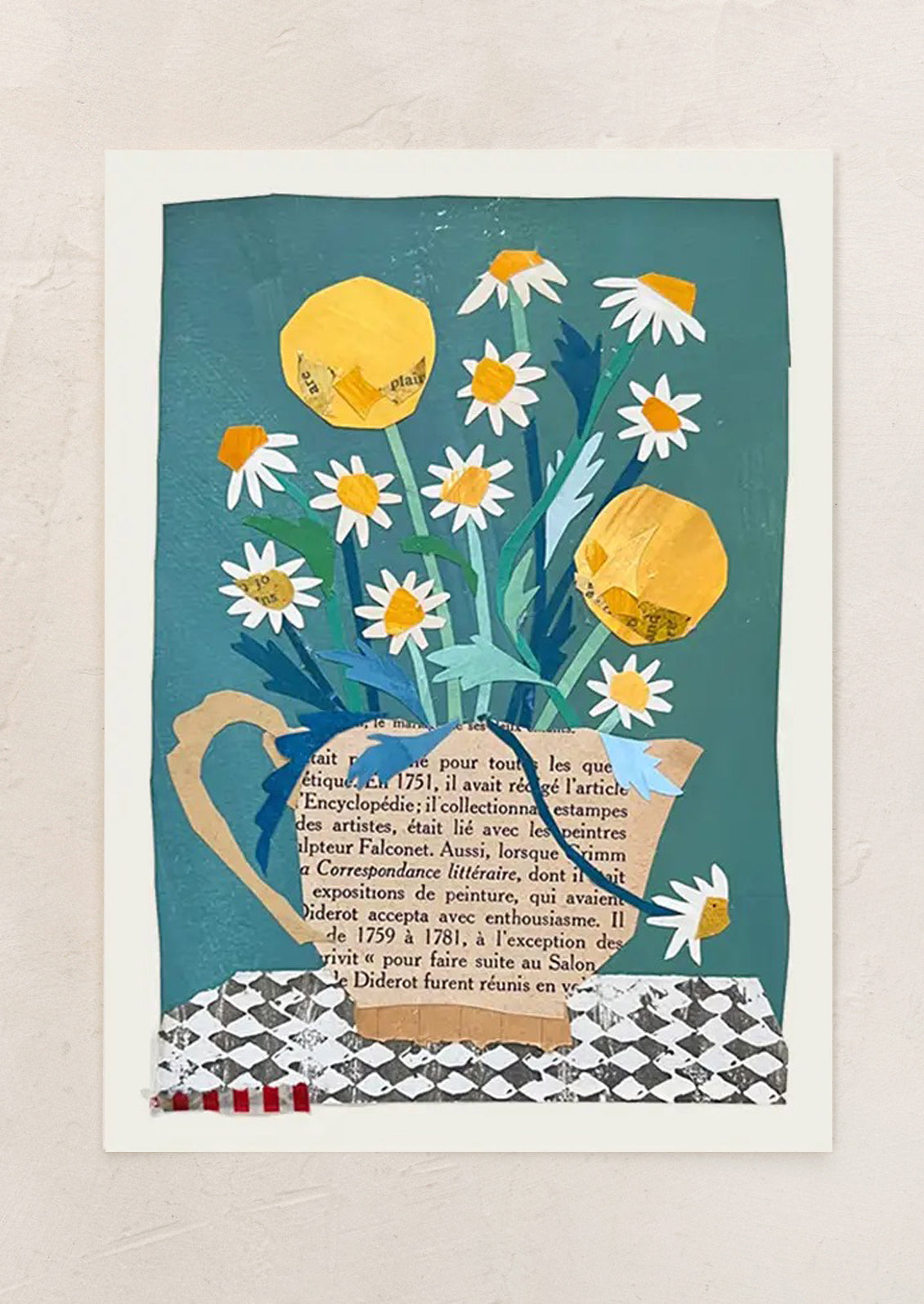 Decorative print with flowers and a teapot on a textured background
