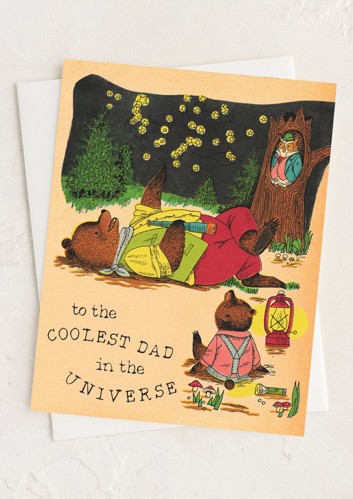 Greeting card with cartoon bears and text 'to the COOLEST DAD in the UNIVERSE' on a white background