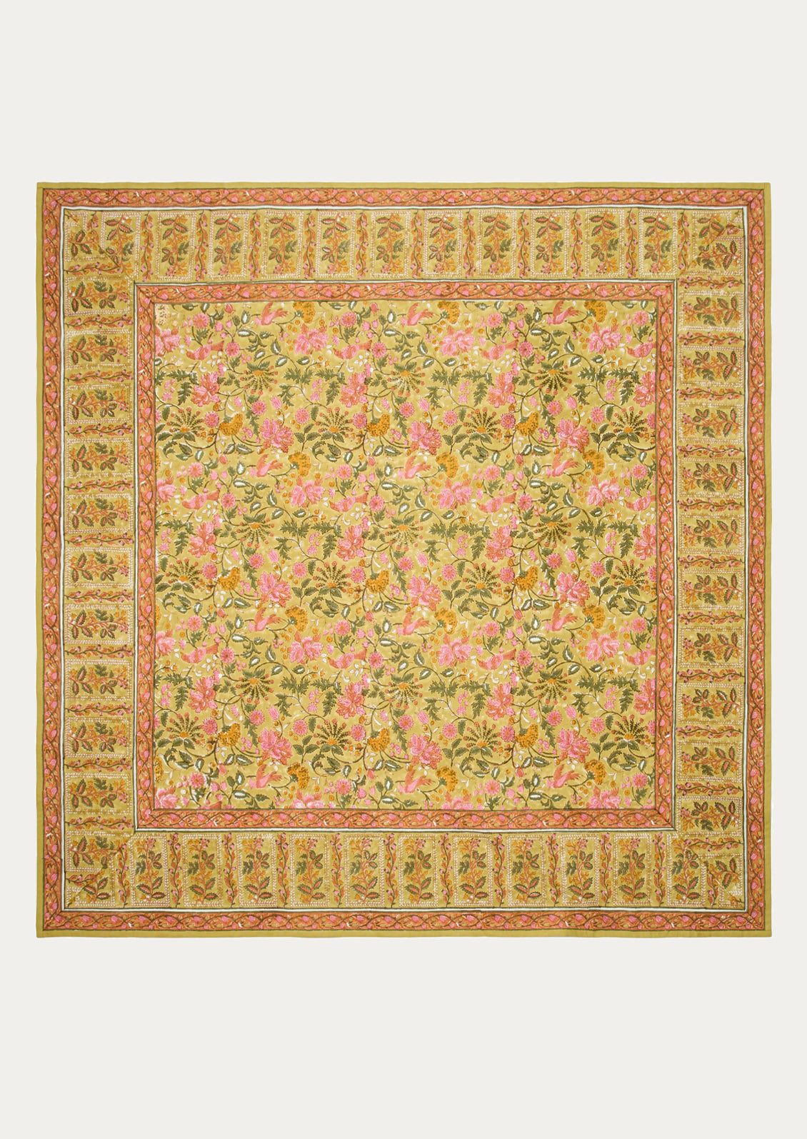Decorative tablecloth with floral patterns.