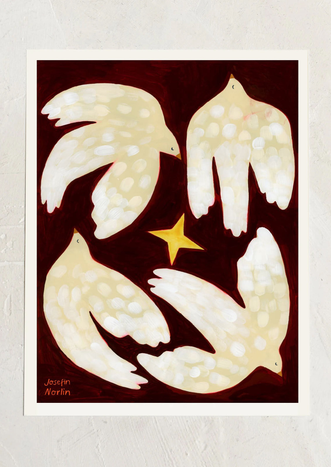 Artistic depiction of four white birds with a yellow star on a brown background, signed 'Jacqueline Martin'.