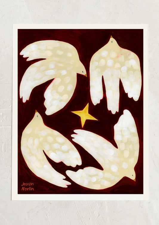 Artistic depiction of four white birds with a yellow star on a brown background, signed 'Jacqueline Martin'.