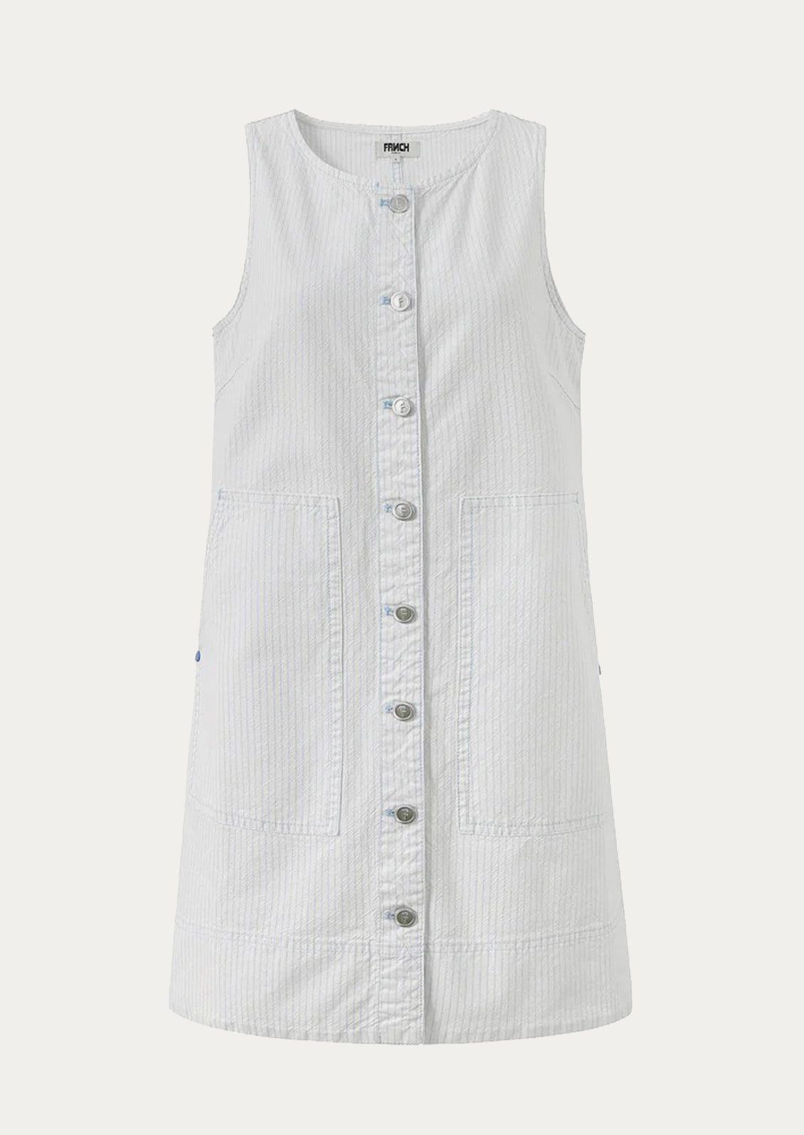 White sleeveless dress with buttons on a light gray background