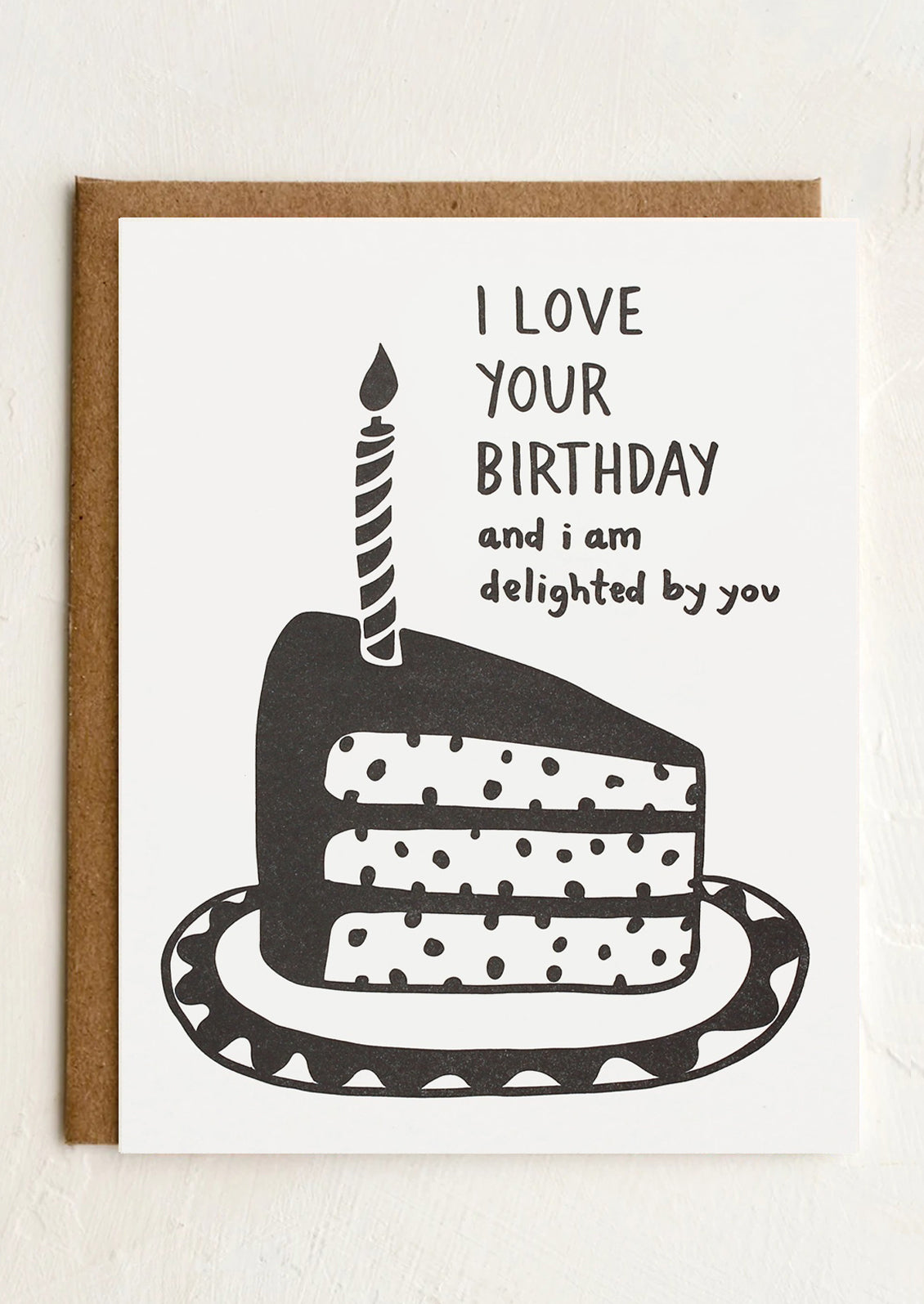 A card with illustration of slice of cake, text reads "I love your birthday and I am delighted by you".