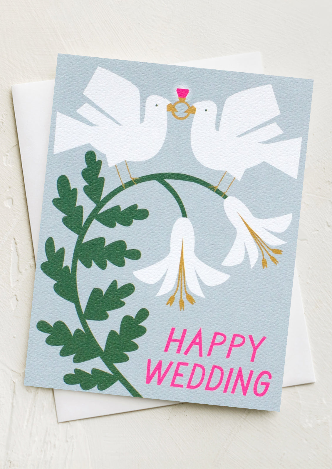 A card with illustration of doves and flowers, text reads "Happy wedding".