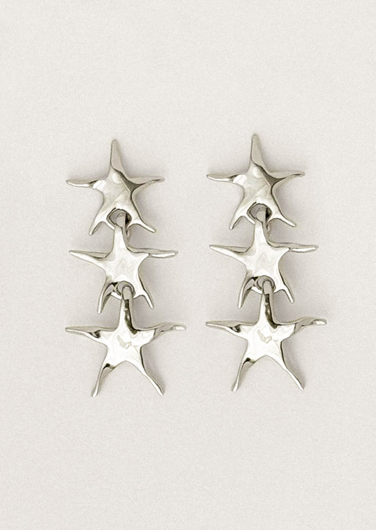 A pair of stacked star earrings in silver.