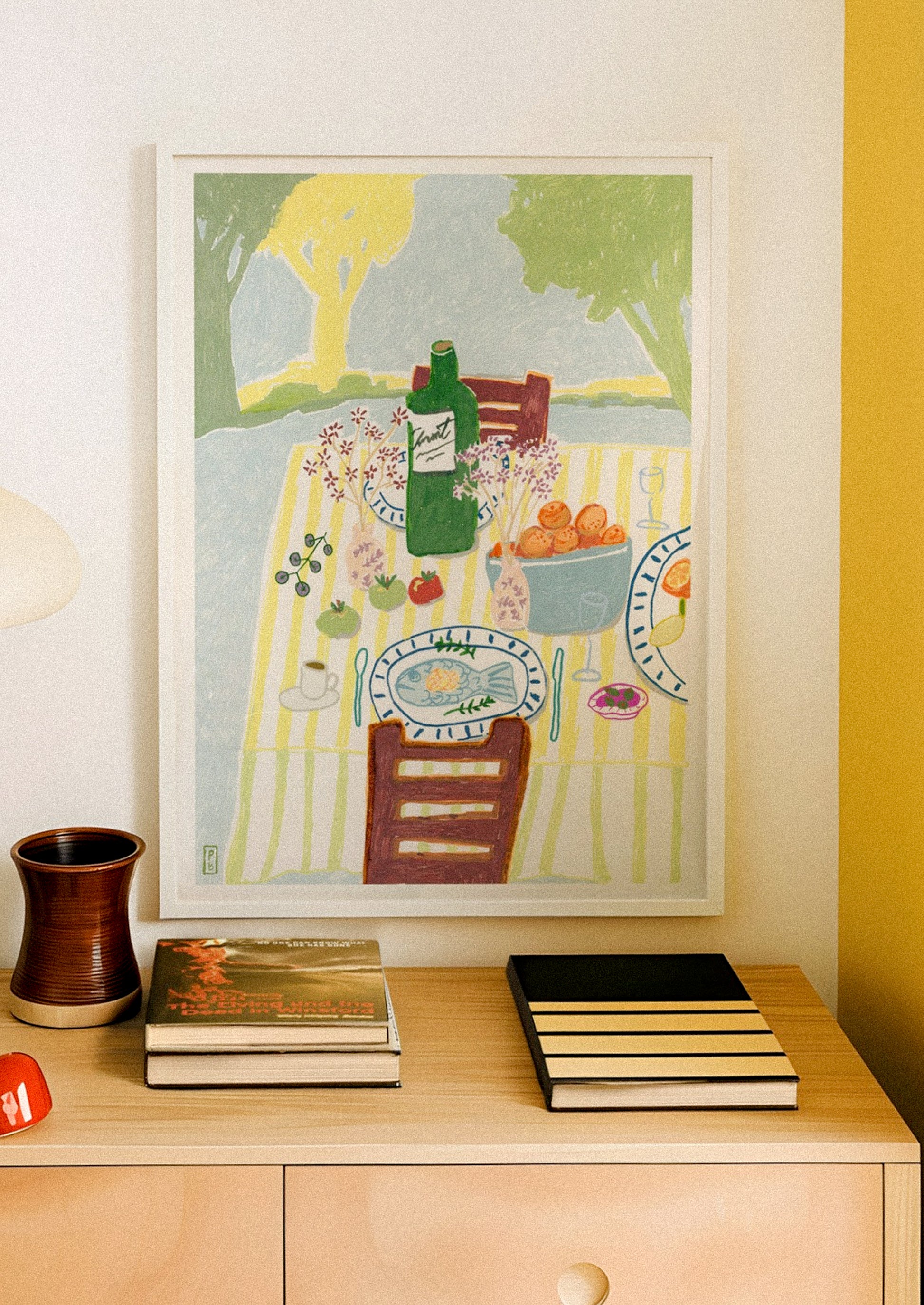 An art print of an illustration of dining table scene.