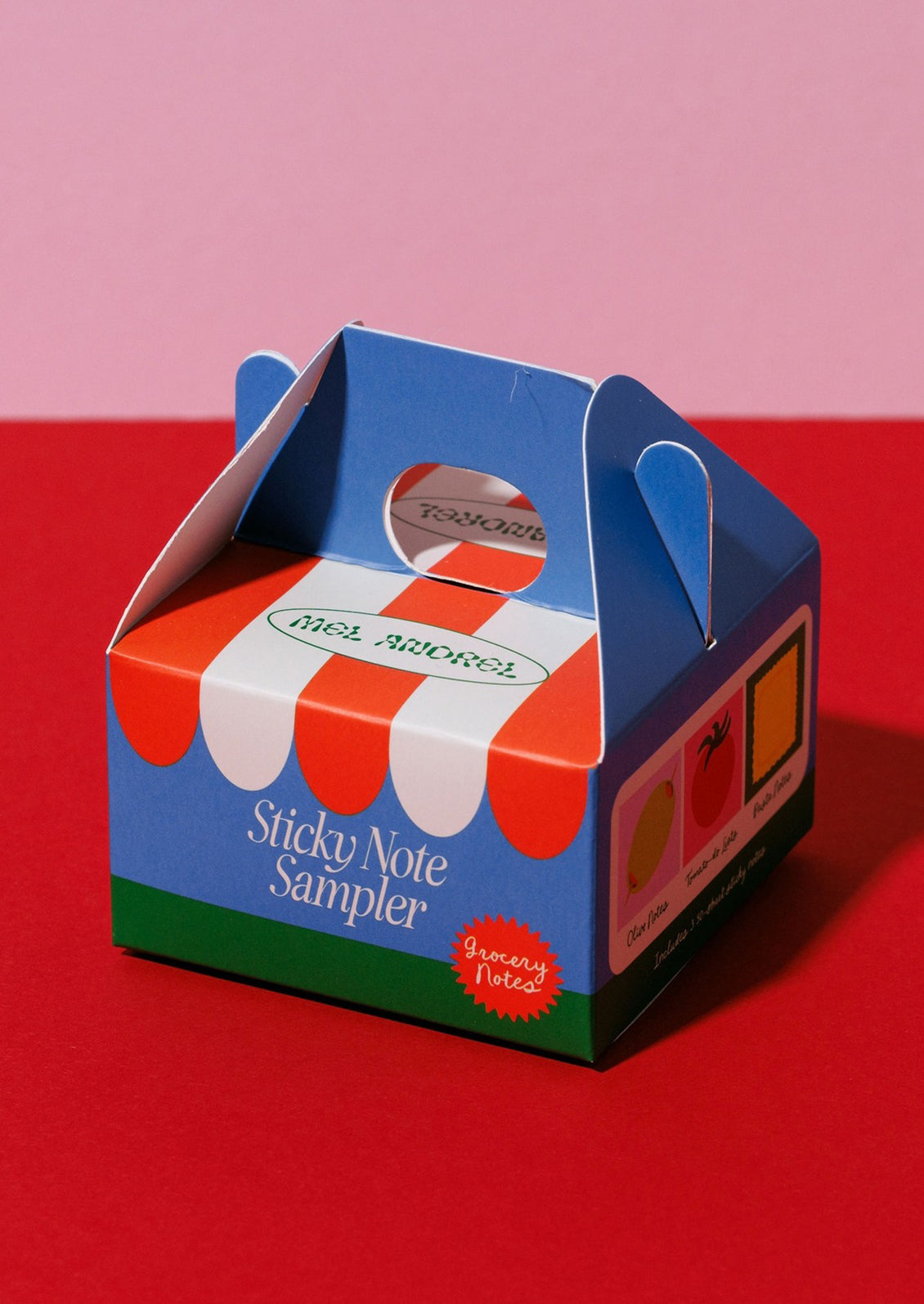 Sticky note sampler box with colorful design on a red background