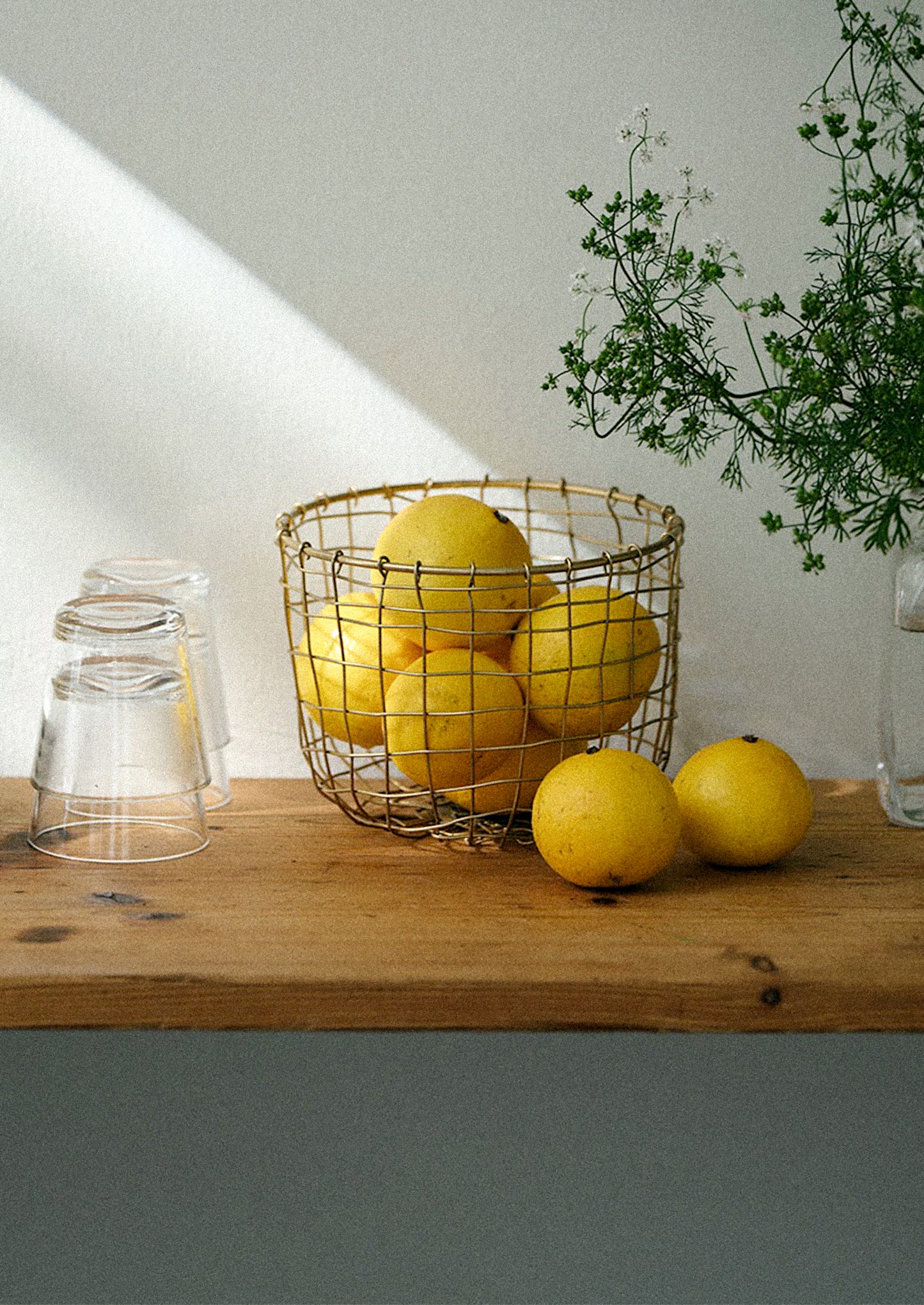 A round brass wire storage basket holding lemons.
