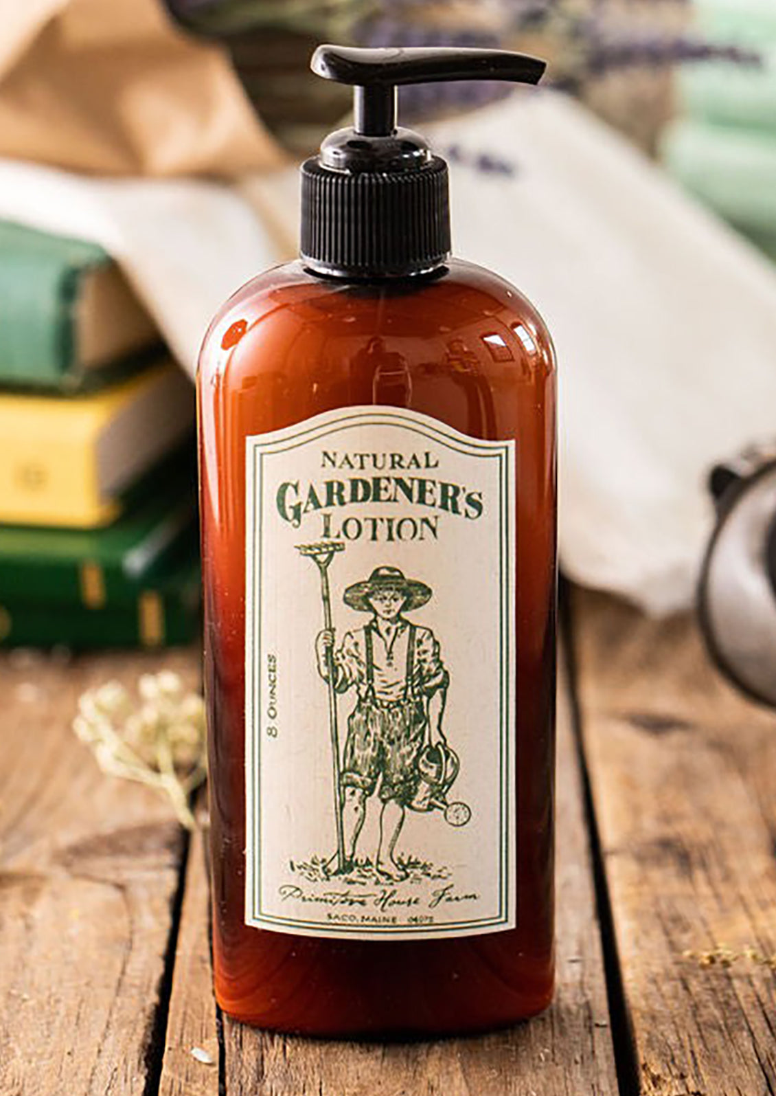A bottle of lotion with analog style label reading Natural Gardener's Lotion.