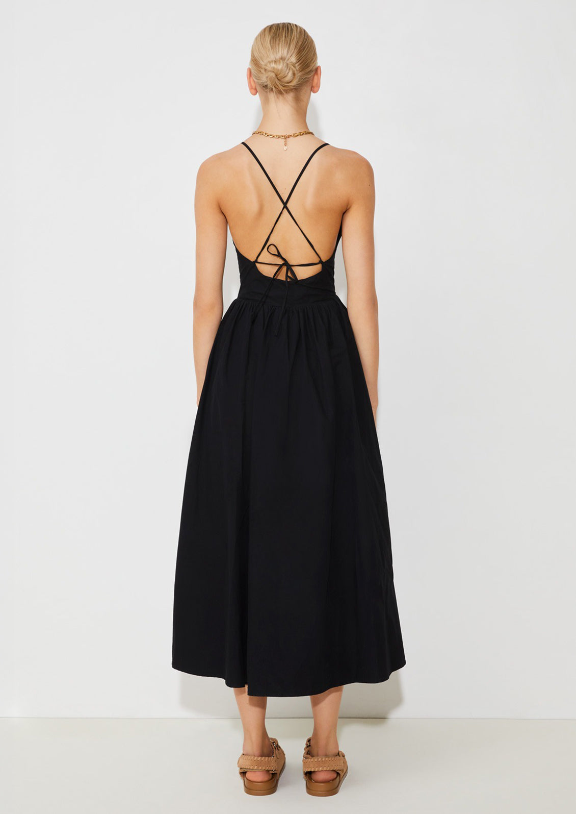 A woman wearing a black dress with X-open back.