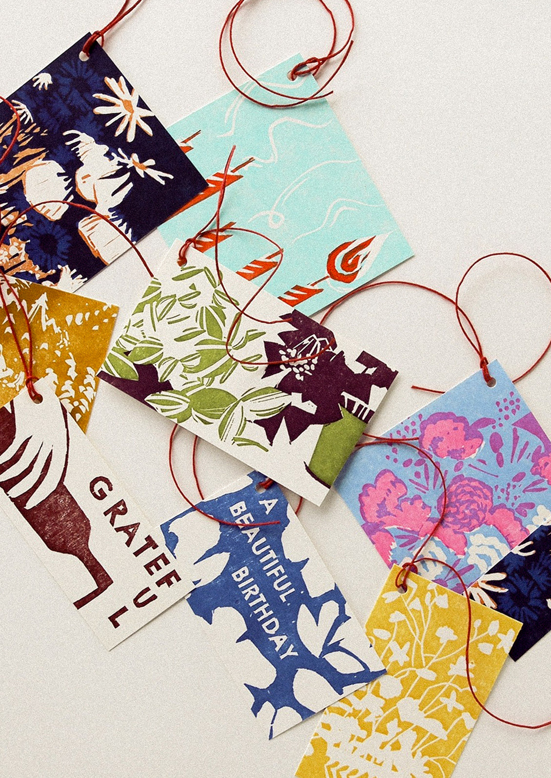 Assorted letterpress printed gift tags.