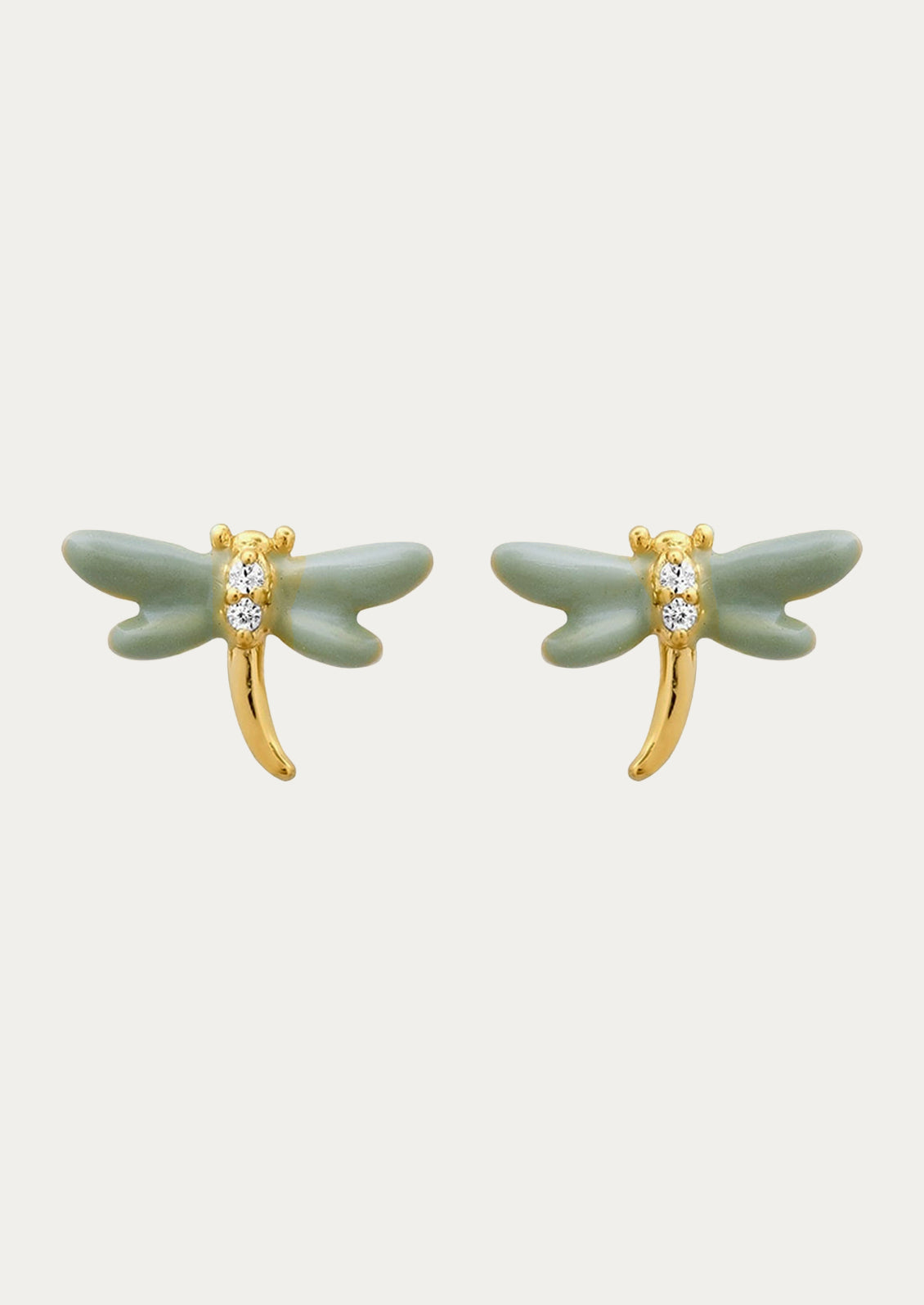 A pair of small blue dragonfly stud earrings.