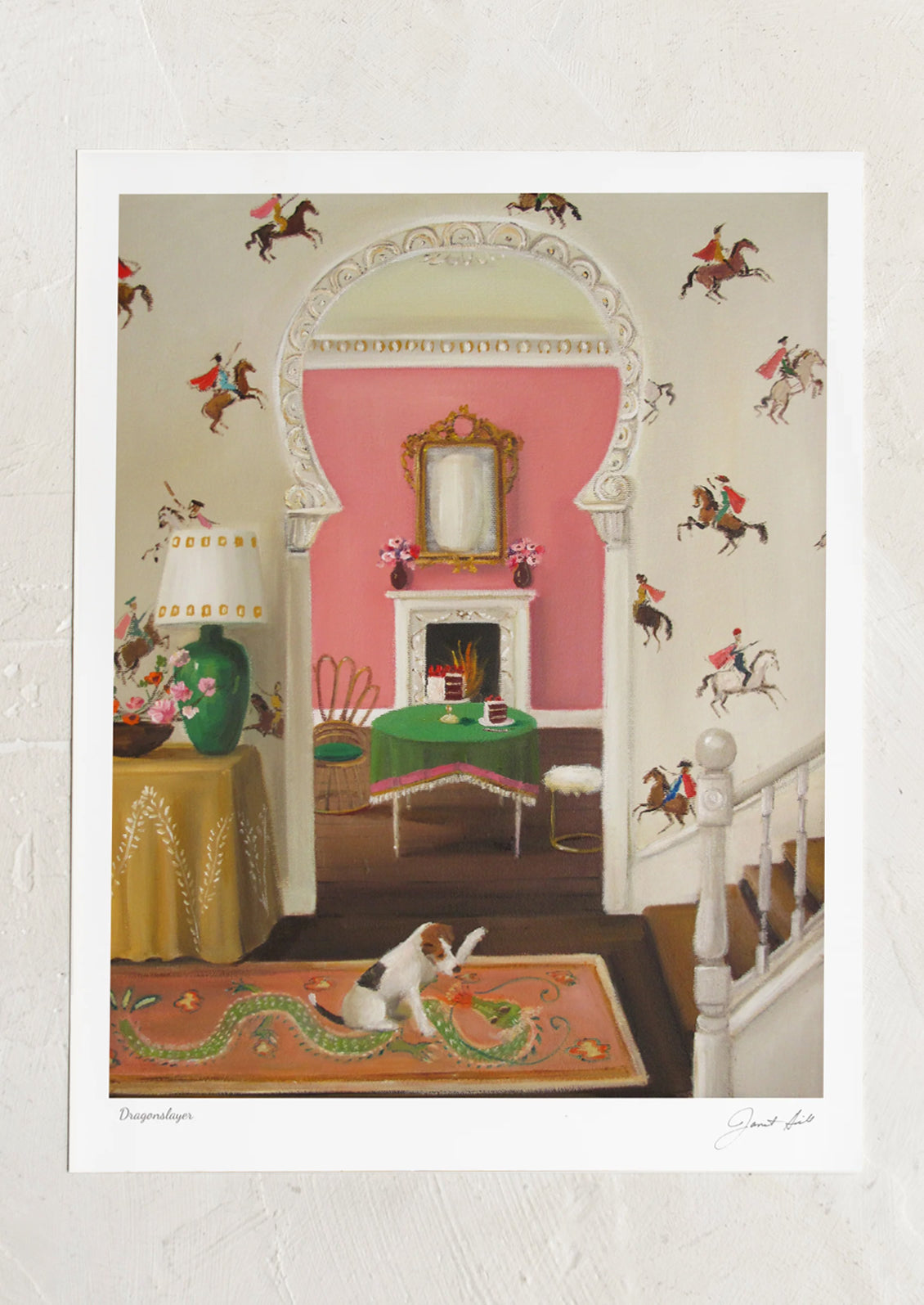Art print of colorful interior scene with a dog, staircase, table, and decorative elements.