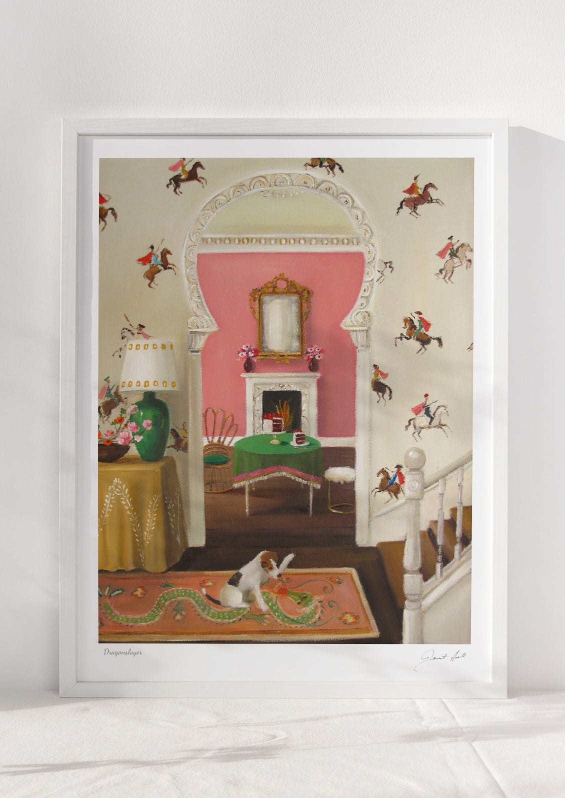 Art print of colorful interior scene with a dog, staircase, table, and decorative elements.