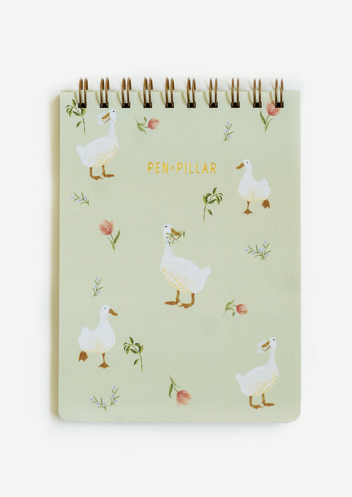 A top spiral bound notepad with farm duck print cover in sage green.