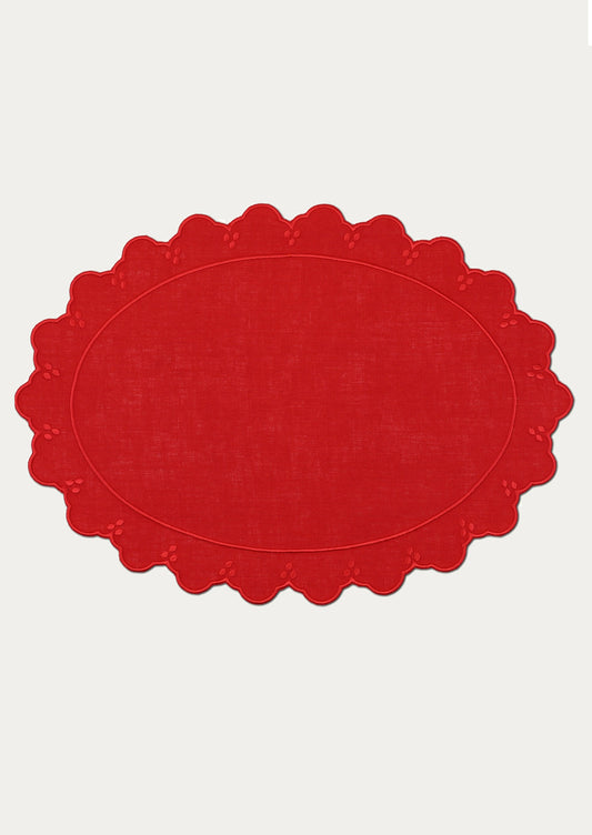 Red scalloped-edge placemat on a white background