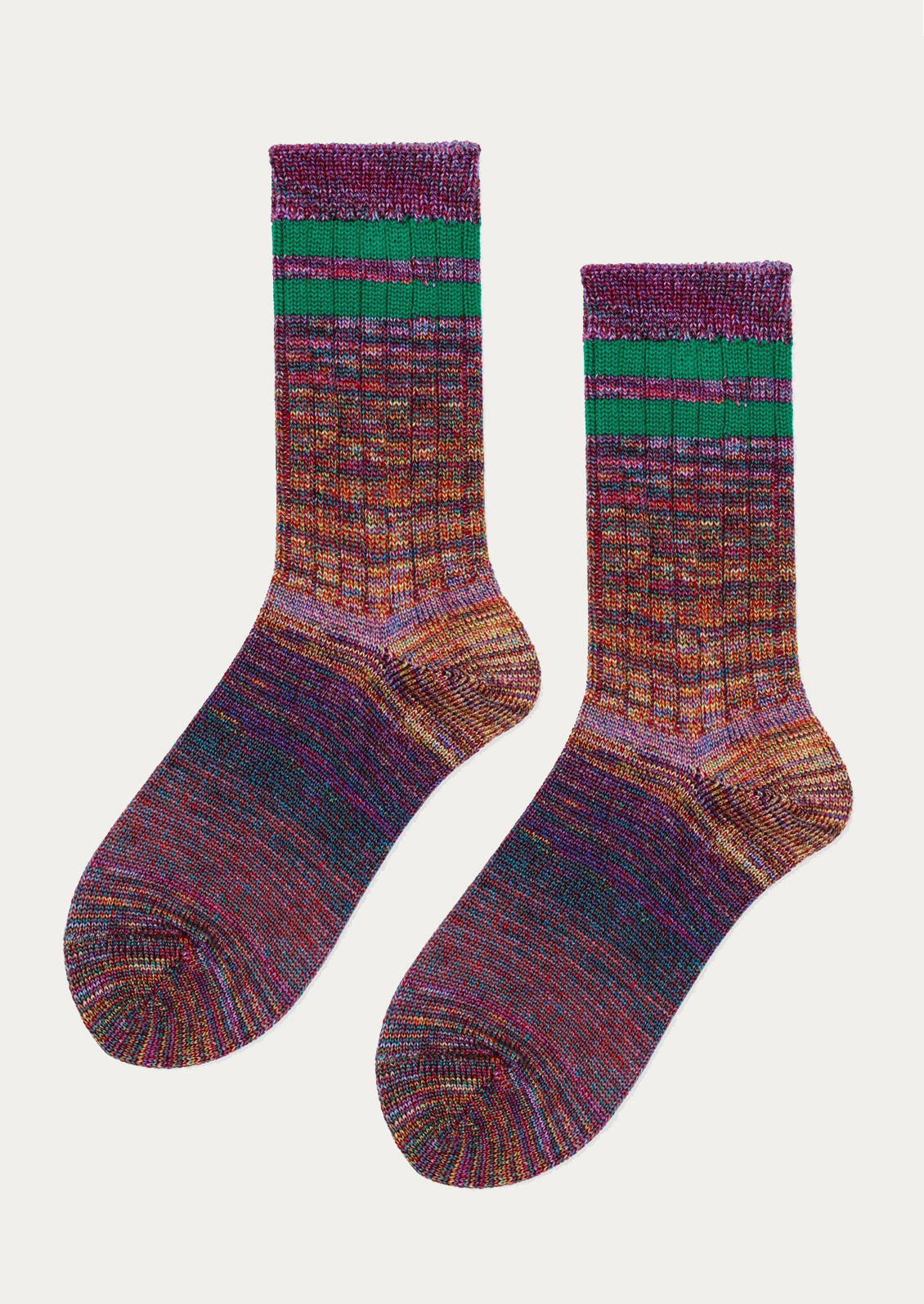A pair of multicolor space dye socks with double green sporty stripe detail.