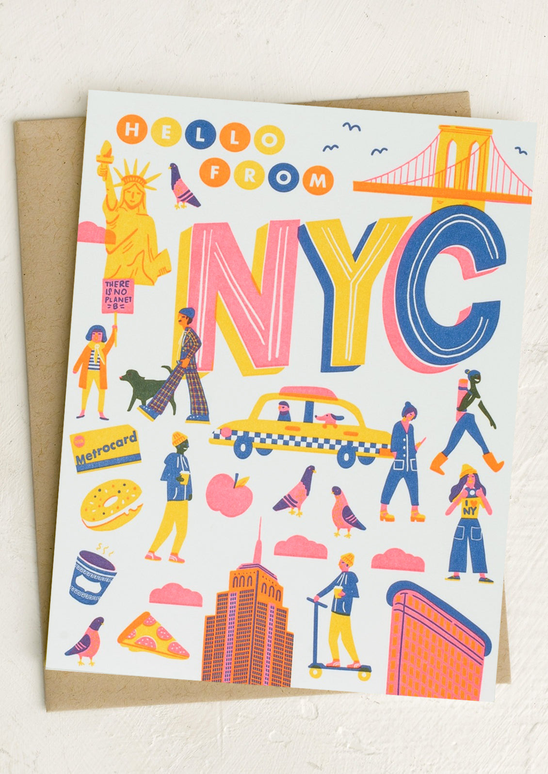 A card with iconic NYC illustrations reading "Hello from NYC".