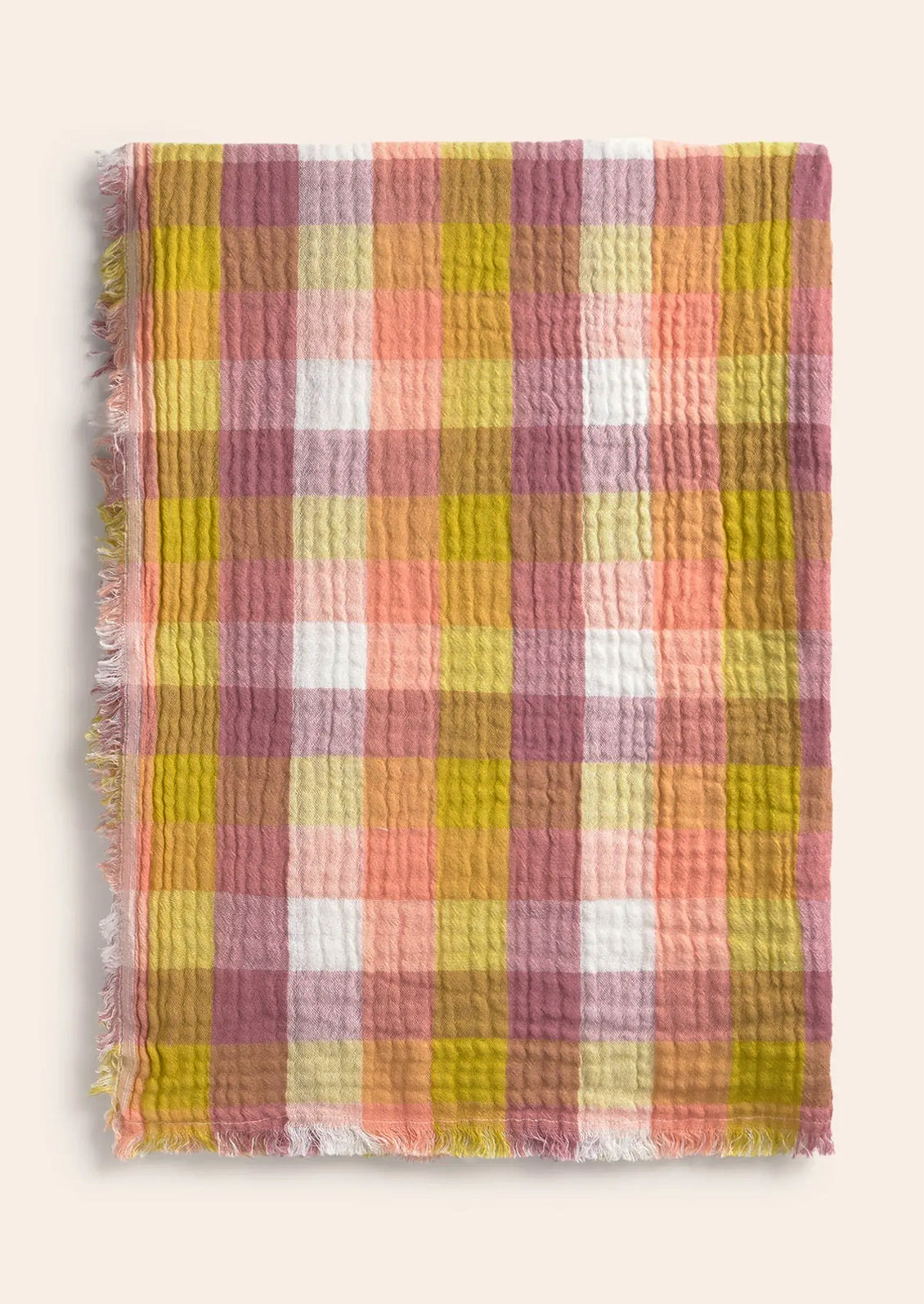 Plaid blanket with colorful pattern on a light background