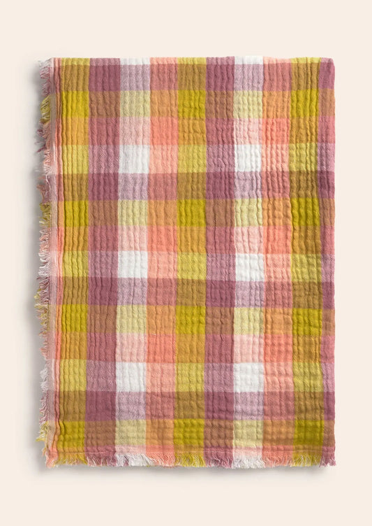 Plaid blanket with colorful pattern on a light background